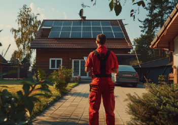 Solar panels installed on a house roof, with a technician observing