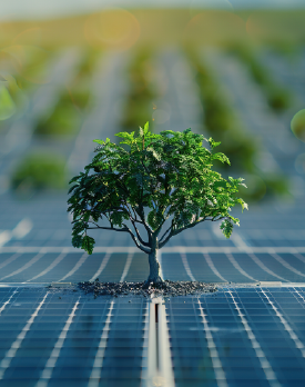 A small tree growing on a solar panel, symbolizing clean and renewable energy